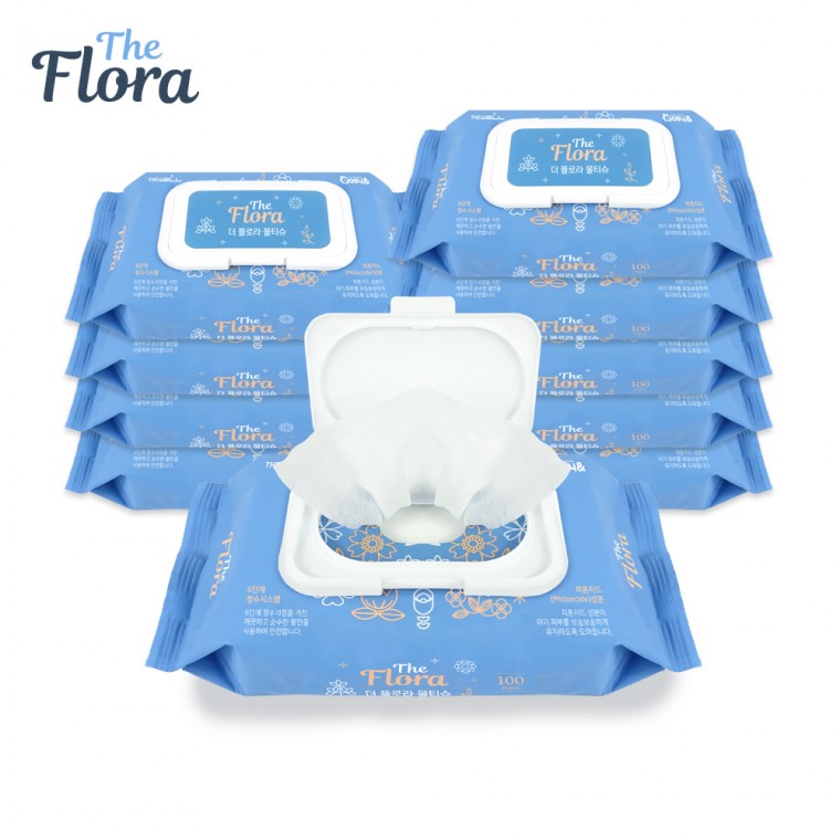 Khăn lau Flora (loại nắp 100 tờ) 10 gói gồm 10 khăn lau đa năng, thiết thực, rẻ tiền, được sản xuất trong nước dành cho trẻ sơ sinh và trẻ sơ sinh