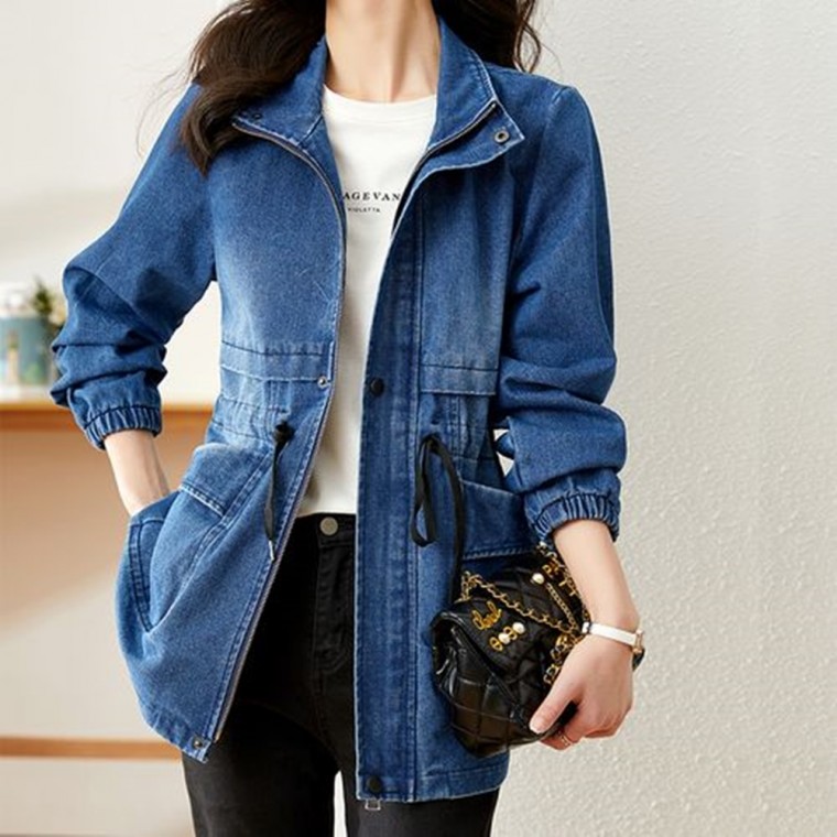 LF78400 Áo khoác denim denim dài cổ cao có khóa kéo phong cách cổ điển