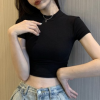 Áo crop top nữ cổ cao màu đen ngắn tay áo crop top mùa hè nóng bỏng không tay kiểu dáng gợi cảm bó sát ôm dáng thon gọn quyến rũ khiêu vũ mặc trình diễn tài năng