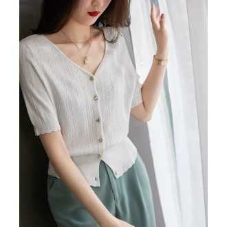 G126034 Áo thun dệt kim cardigan cổ chữ V đục lỗ