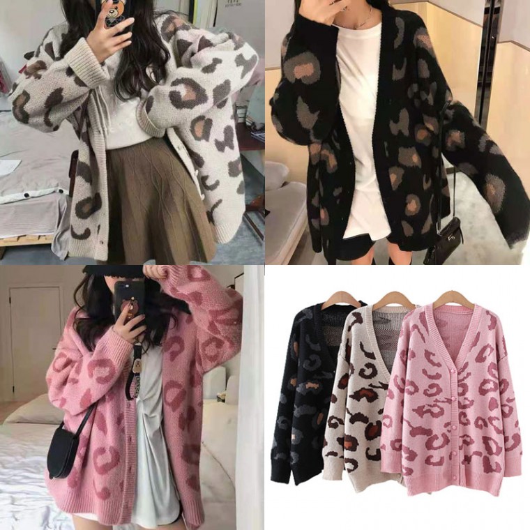 [CESS] 8524 Áo cardigan dệt kim họa tiết da báo 3 màu