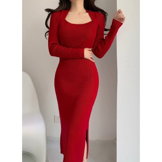 G125886 Đầm cardigan dài tay đan xẻ tà bên hông