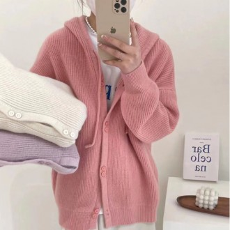 Eunchang] Gân Nút Hood Màu Pastel Đan Cardigan Xuân Thu Đông Áo Khoác Ngoài Dây Nhảy Dây Nhảy Nữ Có Mũ Áo Khoác Form Rộng Trơn