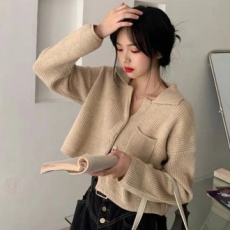 Áo len dệt kim một túi cắt gọn có gân cardigan cắt cardigan cutie cardigan cardigan nữ ngắn cardigan mùa xuân và mùa thu cardigan