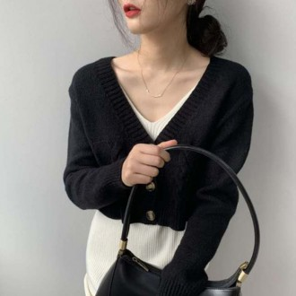 4 màu xoắn crop đan cardigan Cổ Chữ V cardigan cardigan nữ giản dị cardigan hàng ngày cardigan cơ bản cardigan