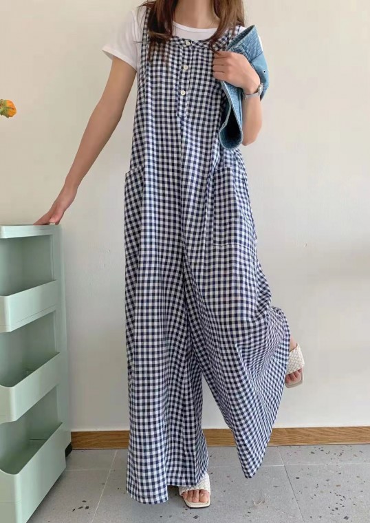 F36726 Kiểm tra Quần yếm vải lanh cotton Jumpsuit Quần váy rộng