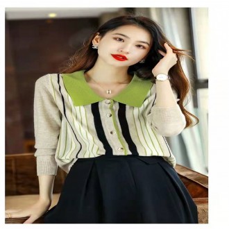 F4450 Áo len dệt kim cổ sọc gọn gàng áo len mini cardigan