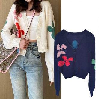 [CESS] 6567 Áo cardigan dệt kim tay dài dáng crop hoa 2 màu