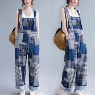 F53766 Quần treo quần cotton in hình cổ điển Jumpsuit treo rộng