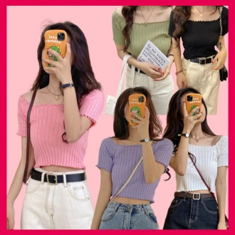 Áo Crop Top Nữ Mini Top Nữ Tay Ngắn Crop Top Lệch Vai Khói Dải Crop Top Đi Biển Áo Bụng Áo Ngắn Tay Mùa Hè Gợi Cảm