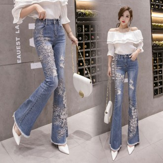 [CESS] 4675 Quần denim thun tay lỡ hoa ngọc trai