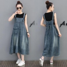 F6587 Thắt lưng vừa vặn dáng dài dây đeo váy denim váy denim dài