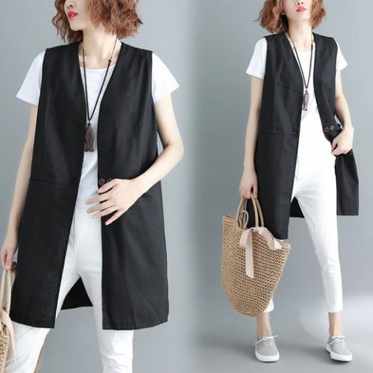 F70430 Áo vest không cổ sành điệu, áo vest dài, áo vest