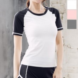 KJN-S63 Áo thun ngắn tay phối màu cho nữ Quần áo tập yoga Rash Guard