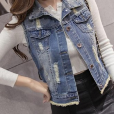 F1605/Regular.Big/Áo vest denim dáng rộng viền cổ điển/Áo vest denim