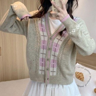 Nữ xuân thu kiểm tra Cổ Chữ V nút cardigan bột yến mạch đan mùa xuân cardigan mùa đông đồng phục học sinh nữ mùa xuân