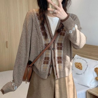 Nữ xuân thu kiểm tra Cổ Chữ V nút cardigan nâu đan mùa xuân cardigan mùa đông đồng phục học sinh nữ mùa xuân