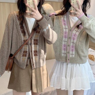 Nữ xuân thu kiểm tra Cổ Chữ V nút cardigan đan mùa xuân cardigan mùa đông đồng phục học sinh nữ mùa xuân xinh xắn