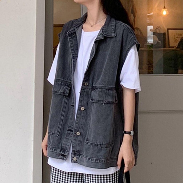 Nữ Interseason Overfit Denim Cổ Áo Vest Đen Nữ Thu Đông Áo Vest Denim Xinh Xắn Mùa Xuân Áo Vest Nút