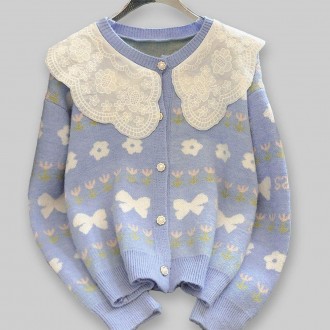 Nữ Xuân Thu Hoa Tay Dài Phối Ren Đan Cardigan Xanh Dương Nữ Giao Mùa Xinh Xắn Nữ Mùa Xuân Frill