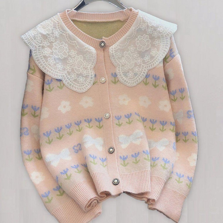 Nữ Xuân Thu Hoa Tay Dài Phối Ren Đan Cardigan Hồng Nữ Interseason Nữ Xinh Xắn Mùa Xuân Frill