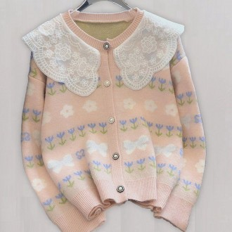 Nữ Xuân Thu Hoa Tay Dài Phối Ren Đan Cardigan Hồng Nữ Interseason Nữ Xinh Xắn Mùa Xuân Frill