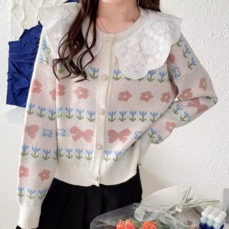 Nữ Xuân Thu Hoa Tay Dài Phối Ren Đan Cardigan Trắng Nữ Interseason Nữ Xinh Xắn Mùa Xuân Frill