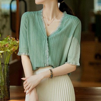 Phụ Nữ Mùa Hè Mùa Hè Ren Cổ Chữ V Tay Ngắn Cardigan Xanh Hàng Ngày Nữ Đi Biển Xù Đồ Bơi Cardigan