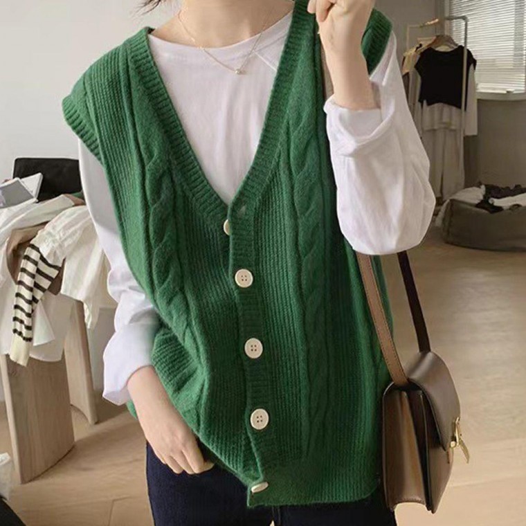 Áo len nữ xoắn đan vest vest cổ chữ V màu xanh lá cây nữ mùa thu áo len đan xinh xắn cardigan