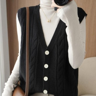 Áo vest nữ len xoắn đan vest vest cổ chữ V màu đen nữ mùa thu áo len đan xinh xắn cardigan