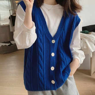 Áo vest nữ len xoắn đan vest vest cổ chữ V màu xanh nữ mùa thu áo len đan xinh xắn cardigan