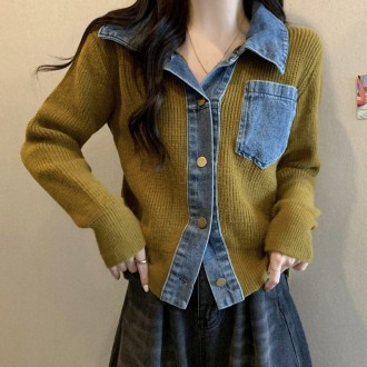 Nữ khá dày denim cổ đan cardigan kaki mùa xuân cardigan mùa đông người phụ nữ nữ mùa xuân mùa thu nút sinh viên