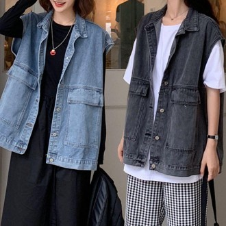 Áo vest nữ overfit cổ yếm denim Áo vest denim mùa thu nữ Áo vest mùa xuân xinh xắn Áo khoác nút