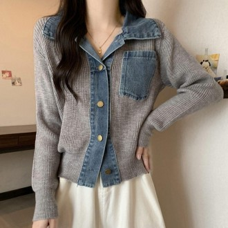 Nữ khá dày denim cổ đan cardigan xám mùa xuân cardigan mùa đông người phụ nữ nữ mùa xuân thu nút