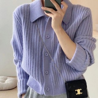 Nữ Xuân Thu Màu Pastel Cổ Đan Gân Cardigan Tím Mùa Xuân Cardigan Nữ Mùa Xuân Dày Cổ Lớn Đồng Phục Học Sinh