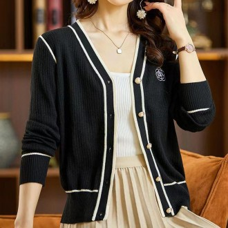 Áo len đan gân nữ phối màu nút mùa xuân thu cardigan đen Áo len nữ mùa xuân cổ chữ V Áo len nữ mùa xuân đen xanh