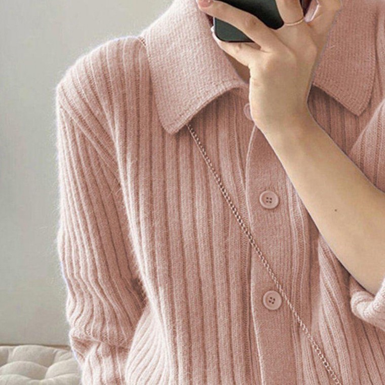 Nữ Xuân Thu Màu Pastel Cổ Đan Gân Cardigan Hồng Mùa Xuân Cardigan Nữ Mùa Xuân Dày Cổ Lớn Đồng Phục Học Sinh