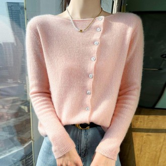 Nữ xuân thu trơn nút chéo cardigan hồng đan mùa xuân cardigan Cổ Chữ V mùa đông đồng phục kiểm tra bé gái