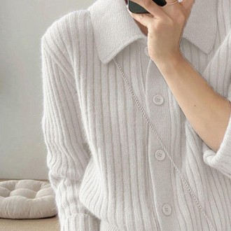 Nữ Xuân Thu Pastel Cổ Dệt Kim Gân Cardigan Ngà Mùa Xuân Cardigan Nữ Mùa Xuân Dày Lớn Cổ Áo