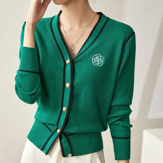 Áo len đan gân nữ phối màu nút mùa xuân thu cardigan xanh Áo len nữ mùa xuân cổ chữ V Áo len nữ mùa xuân đen xanh