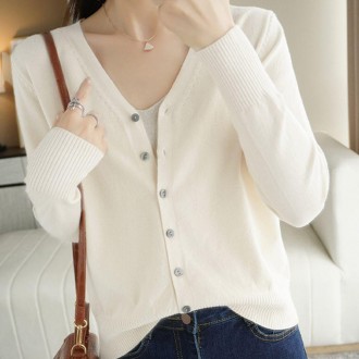 Áo cardigan dài tay cổ chữ V cơ bản mùa xuân thu màu ngà nữ đan len đồng phục học sinh mỏng