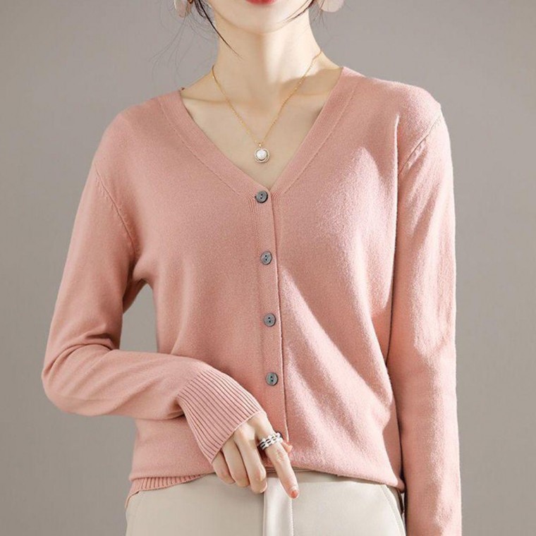 Áo cardigan dài tay cổ chữ V cài nút cơ bản mùa xuân thu bé gái màu hồng đan đồng phục học sinh mùa thu mỏng văn phòng