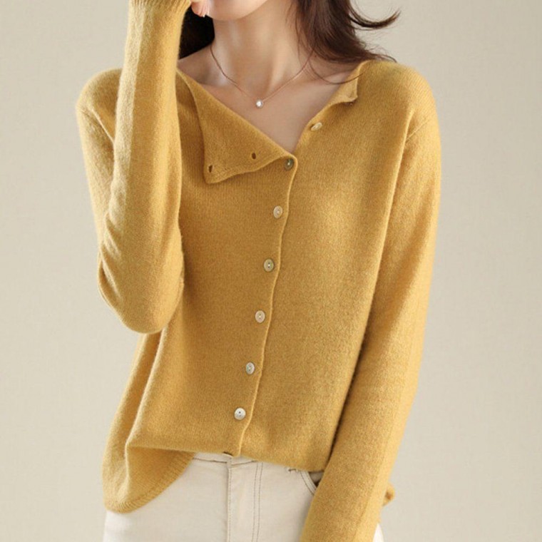 Nữ mùa xuân thu trơn nút chéo cardigan mù tạt đan mùa xuân cardigan Cổ Chữ V mùa đông đồng phục kiểm tra