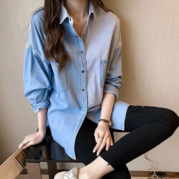 Áo sơ mi denim dài tay dáng rộng dành cho nữ Áo sơ mi denim dài tay màu xanh nhạt miền Nam Áo sơ mi nam sọc sọc mùa thu Áo sơ mi denim