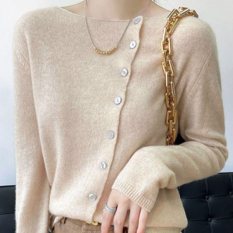 Nữ xuân thu đồng bằng nút chéo cardigan màu be đan mùa xuân cardigan Cổ Chữ V mùa đông đồng phục kiểm tra bé gái