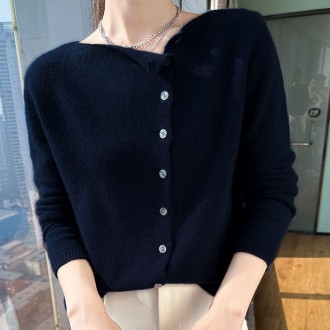 Nữ xuân thu trơn nút chéo cardigan hải quân đan mùa xuân cardigan Cổ Chữ V mùa đông đồng phục kiểm tra bé gái