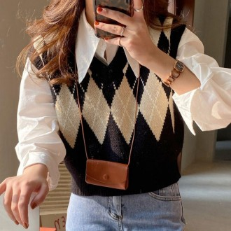 Áo vest dệt kim nhiều lớp họa tiết argyle 2 màu áo vest nữ cổ chữ V cổ chữ V dáng rộng vừa vặn