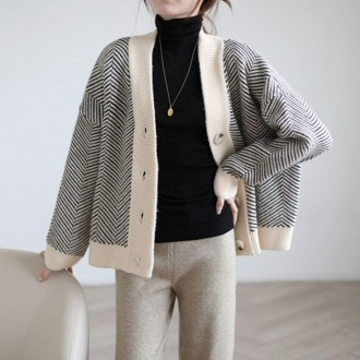 2 màu sắc kết hợp sọc hiện đại hàng ngày dáng rộng cardigan đan cơ bản thường ngày thoải mái cho nữ