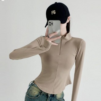 Áo thun nữ có khóa kéo vừa vặn vừa vặn dài đến đầu gối màu nâu đỏ crop tee jersey vải cơ bản tee bên trong của phụ nữ