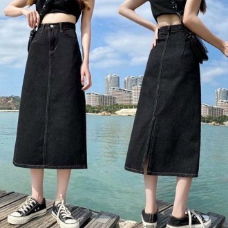 Khe hở lưng chữ A dây đeo điều chỉnh eo váy denim váy đen xanh váy dài đen váy mùa xuân